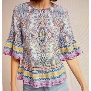 Anthropologie Kachel Lynn Silk Swing Ruffled Blouse Top 3/4 Bell Sleeves Size 8